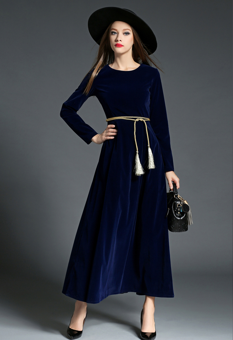 SZ60040-3 Retro Vintage Dark Blue Velvet Dress Women Long Sleeve Collar Dresses